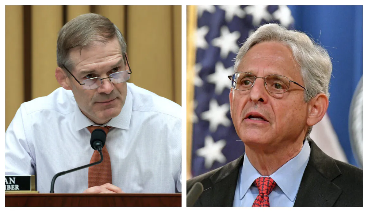 Chủ tịch Tư pháp Hạ viện Jim Jordan (Cộng Hòa-Ohio) và Tổng chưởng lý Merrick Garland trong các bức ảnh tư liệu. (Ảnh: Anna Moneymaker/Getty Images; Mandel Ngan/AFP qua Getty Images)