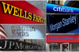 Hình ảnh kết hợp bảng hiệu các ngân hàng Wells Fargo, Citibank, Morgan Stanley, JPMorgan Chase, Bank of America và Goldman Sachs từ kho lưu trữ tư liệu của Reuters. (Ảnh tư liệu/Reuters)