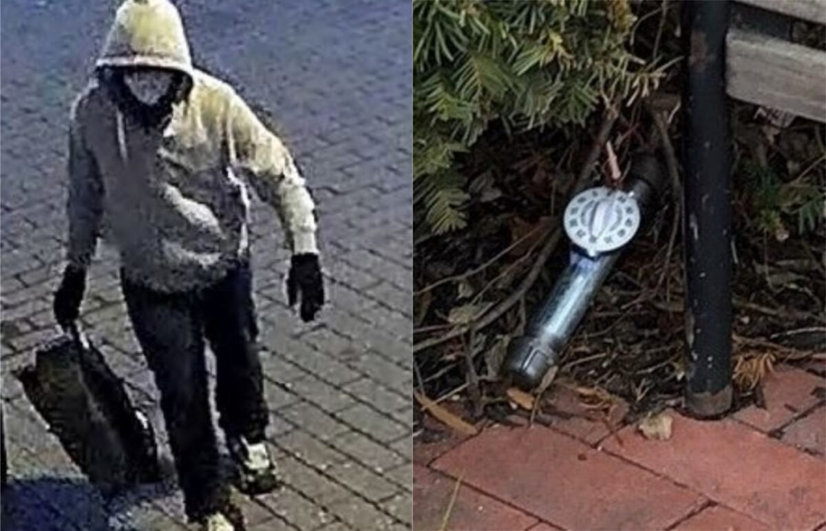 Bên trái: Một nghi phạm đặt hai thiết bị mà FBI cho là bom ống được nhìn thấy ở Hoa Thịnh Đốn vào ngày 05/01/2021. Bên phải: Ảnh chụp cận cảnh một trong các thiết bị đó. (Ảnh: FBI qua The Epoch Times)