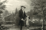 Cậu bé George Washington nhận lỗi với cha mình, ông Augustine Washington, ảnh minh họa từ một bức tranh khắc, khoảng năm 1846. (Ảnh: Everett Historical/Shutterstock)