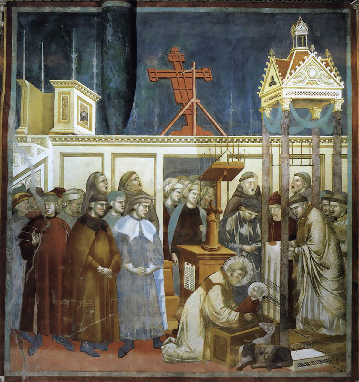 Tác phẩm “Thánh Francis của thành Assisi đang chuẩn bị Máng cỏ Giáng Sinh tại xứ Grecchio” của họa sĩ Giotto, năm 1297–1300. Tranh bích họa. Vương cung thánh đường Thánh Francis thành Assisi, thị trấn Assisi, nước Ý. (Ảnh: Tài sản công)