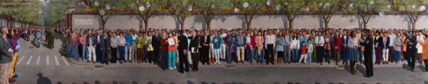 Họa phẩm “April 25, 1999” (Ngày 25/4/1999) của nghệ sĩ Khổng Hải Yến. Sơn dầu trên vải canvas; Kích thước: 13 feet, 11 1/2 inch x 2 feet, 10 inch. Bức tranh này đã đạt giải nhất trong Cuộc thi Vẽ tranh Nhân vật Quốc tế lần thứ 5 của NTD năm 2019. (Ảnh: Đăng dưới sự cho phép của Đài truyền hình NTD).