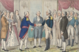 Vào ngày 05/08/1777, Tướng Washington và La Fayette đã gặp nhau lần đầu tiên tại Philadelphia. Bức tranh là một bản in thạch bản mô tả tình huống lúc bấy giờ. (Ảnh: Tài sản công)