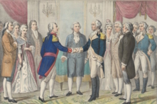 Vào ngày 05/08/1777, Tướng Washington và La Fayette đã gặp nhau lần đầu tiên tại Philadelphia. Bức tranh là một bản in thạch bản mô tả tình huống lúc bấy giờ. (Ảnh: Tài sản công)