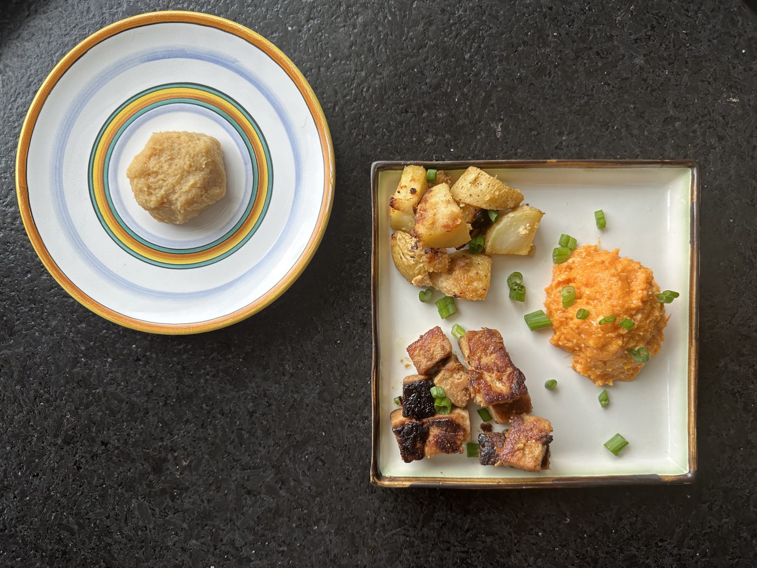Ba món ăn với tương miso trắng: đậu hũ chiên tẩm miso với gừng và tỏi, khoai tây nướng bơ miso, và khoai lang nghiền với bơ miso. (Ảnh: Ari LeVaux)