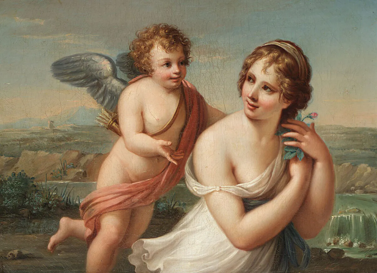 Bức tranh “The Temptation of Eros” (Sự Cám Dỗ của Thần Tình yêu Eros) của họa sĩ Angelica Kauffmann, năm 1750-1775. Tranh sơn dầu trên vải canvas. Viện bảo tàng Nghệ thuật Metropolitan, thành phố New York. (Ảnh: Tài liệu công cộng)