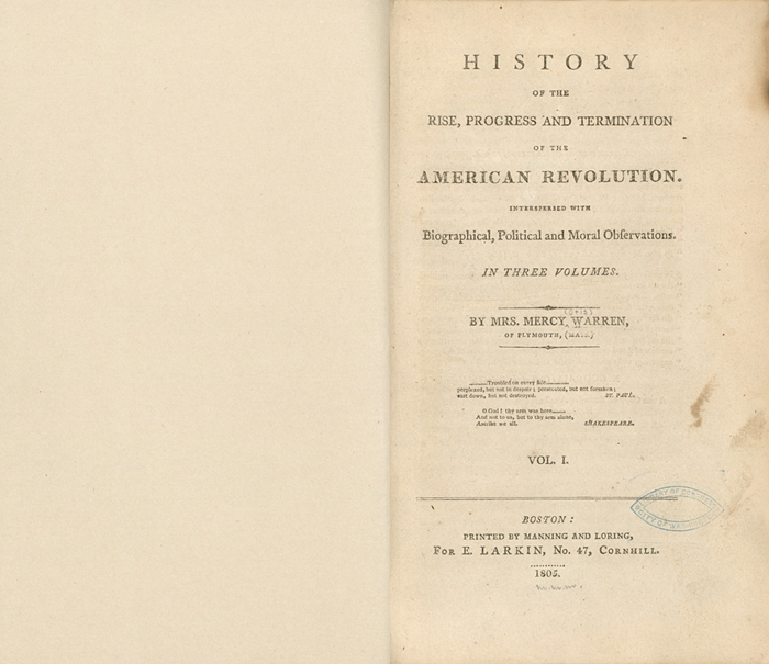 Trang tiêu đề một ấn bản của cuốn sách “History of the Rise, Progress, and Termination of the American Revolution, Vol.1” (Lịch Sử Khởi Phát, Tiến Triển, Và Kết Thúc của Cuộc Cách Mạng Mỹ, Tập 1) của văn sĩ Warren, từ thư viện của cựu Tổng thống Thomas Jefferson. (Ảnh: Tài liệu công cộng)