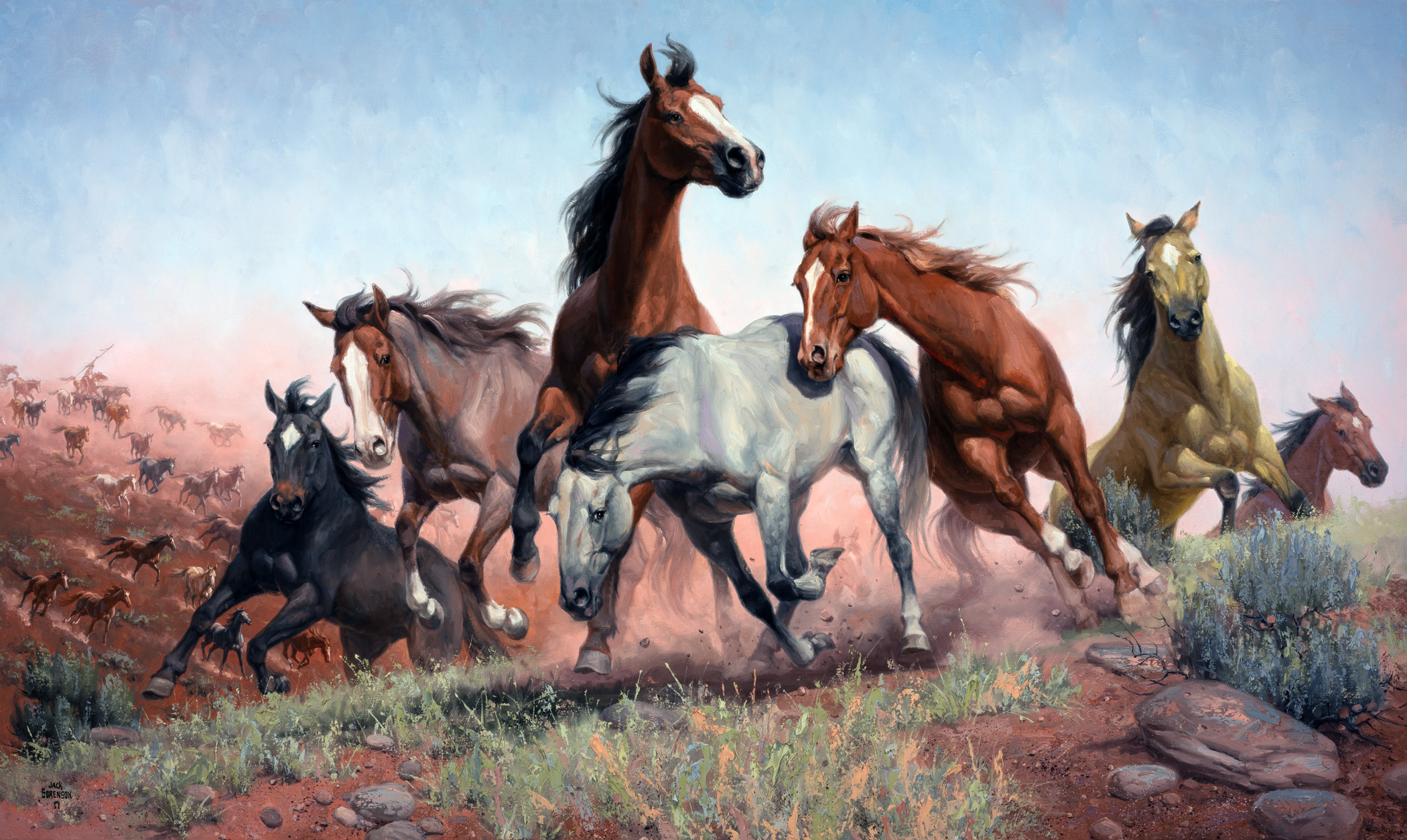 Tác phẩm “Comanche Pony Raid” (Cuộc Đột Kích của Ngựa Pony vùng Comanche) vẽ bởi họa sĩ Jack Sorenson. (Ảnh: Đăng dưới sự cho phép của ©Jack Sorenson Fine Art, Inc.)