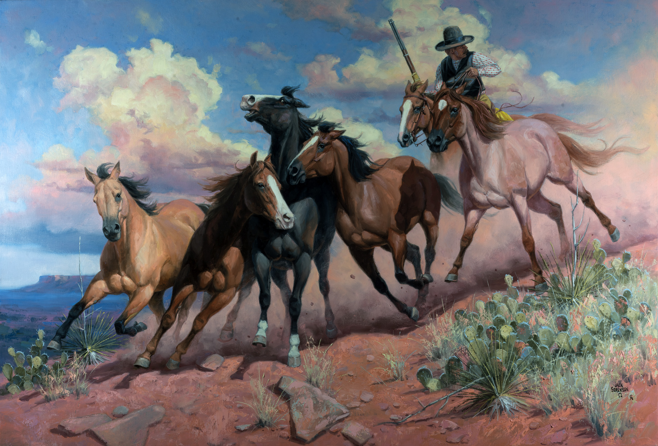 Tác phẩm “Five Stolen Horses”(Năm Chú Ngựa Bị Đánh Cắp) vẽ bởi họa sĩ Jack Sorenson. (Ảnh: Đăng dưới sự cho phép của ©Jack Sorenson Fine Art, Inc.)