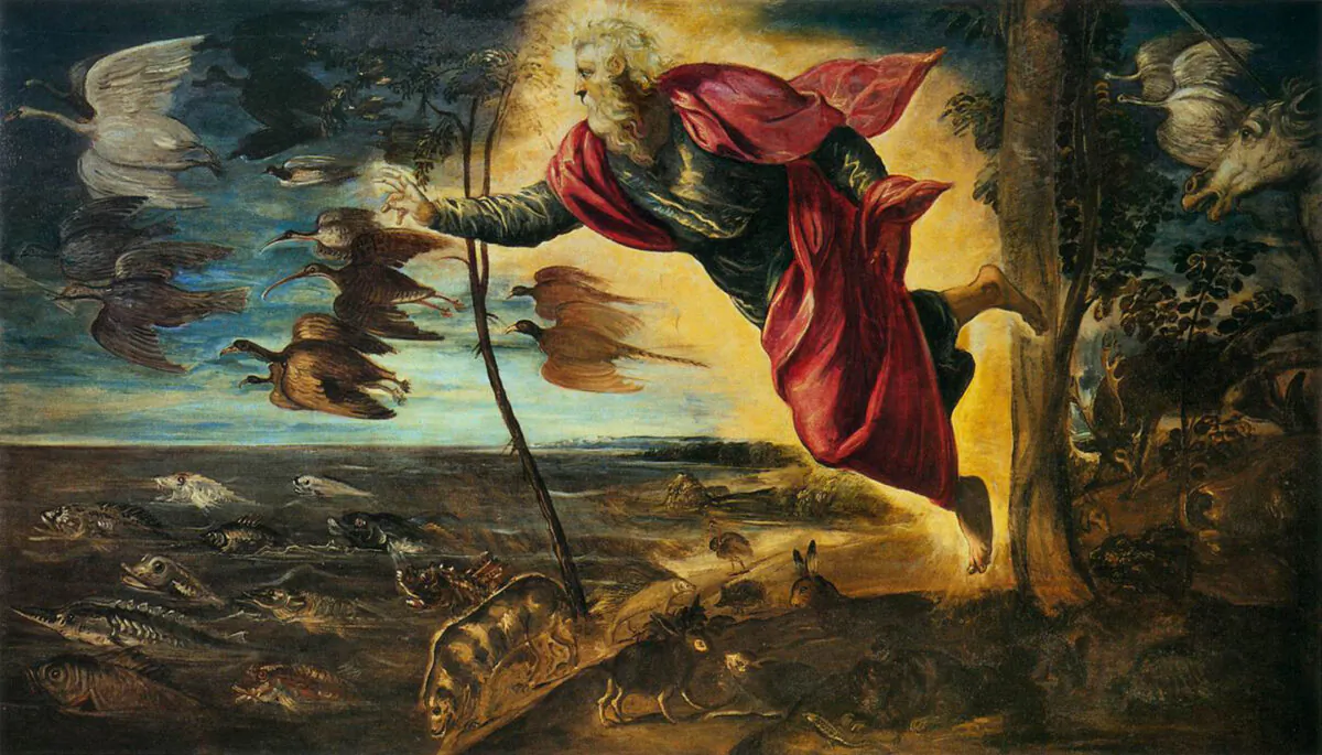 Bức tranh “Creation of the Animals” (Thiên Chúa tạo ra muôn loài) của họa sĩ Tintoretto, vẽ năm 1551. Tranh sơn dầu trên vải canvas, khổ 5 feet x 8.5 feet (~1.52 m x 2.6 m). Phòng trưng bày Academic, Venice. (Ảnh: PD-US)