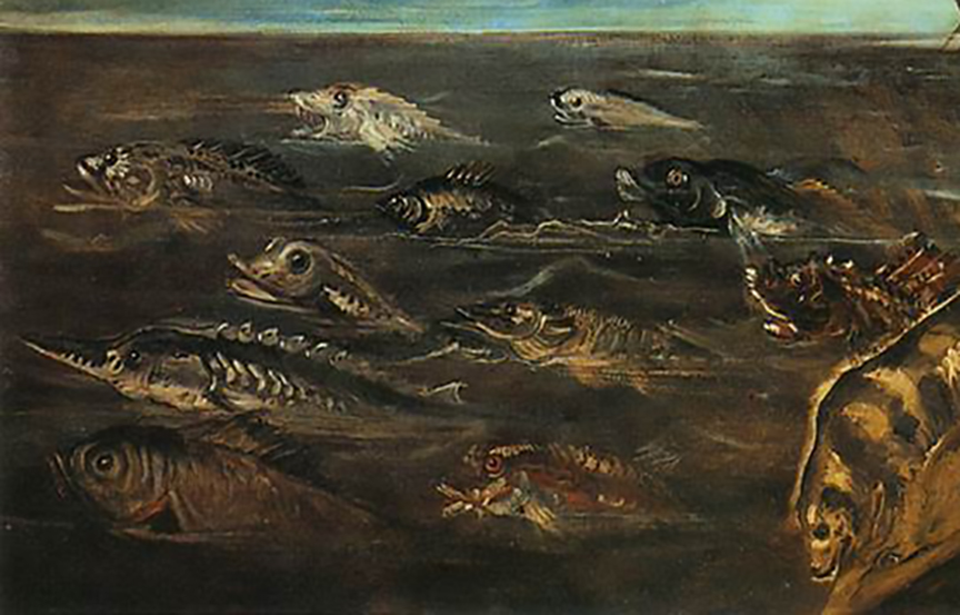 Các loài cá được vẽ trong tác phẩm Thiên Chúa tạo ra muôn loài”, vẽ năm 1550–1553 của họa sĩ Tintoretto. Chất liệu: Tranh sơn dầu trên vải canvas, khổ 5 feet x 8 1/2 feet (1.52 m x 2.6 m). Phòng trưng bày Academic, Venice. (Tài liệu công cộng)