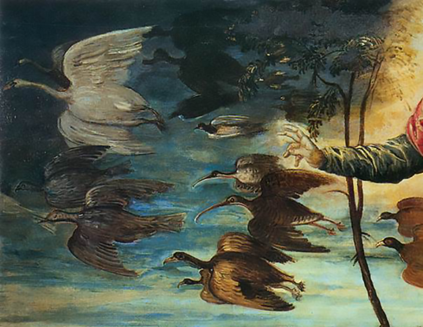 Nhiều loài chim ngay lập tức bay đi khi chúng vừa được tạo ra trong chi tiết này của bức tranh “Thiên Chúa tạo ra muôn loài”, vẽ năm 1550–1553 của họa sĩ Tintoretto. Chất liệu: Tranh sơn dầu trên vải canvas, khổ 5 feet x 8 1/2 feet (1.52 m x 2.6 m). Phòng trưng bày Academic, Venice. (Tài liệu công cộng)