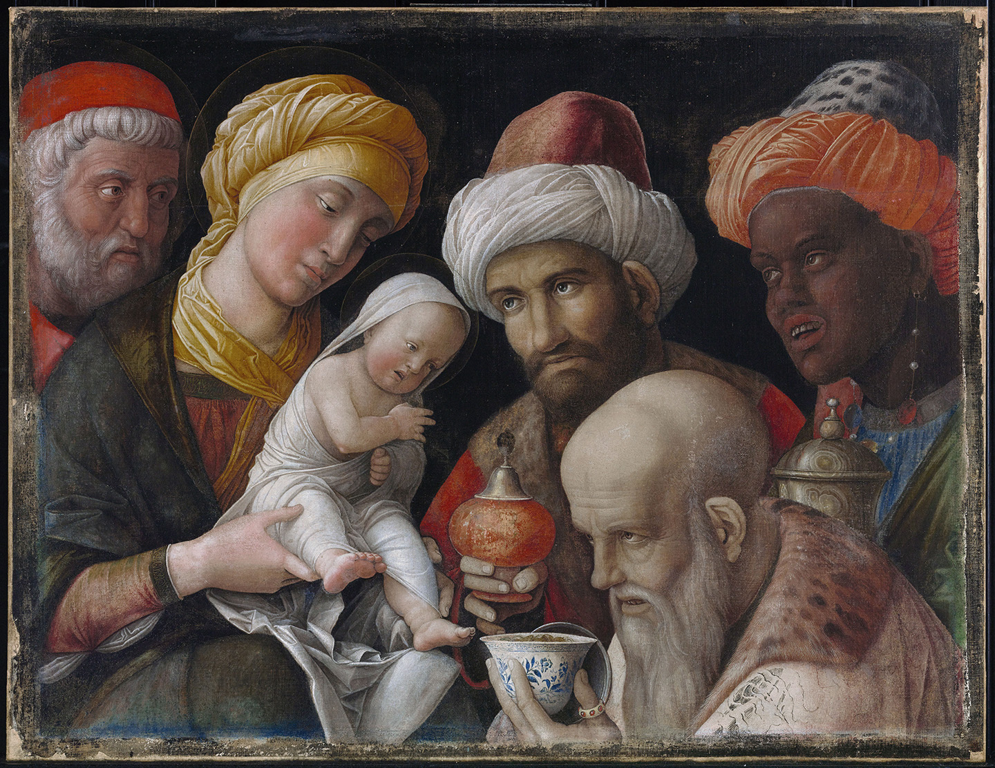 Tác phẩm “Adoration of the Magi” (Sự tôn thờ của các nhà thông thái) của họa sĩ Andrea Mantegna, vẽ khoảng năm 1495–1505. Tranh sơn distemper trên vải lanh. Trung tâm Getty thuộc Bảo tàng J. Paul Getty, California. (Ảnh: Tài liệu công cộng)