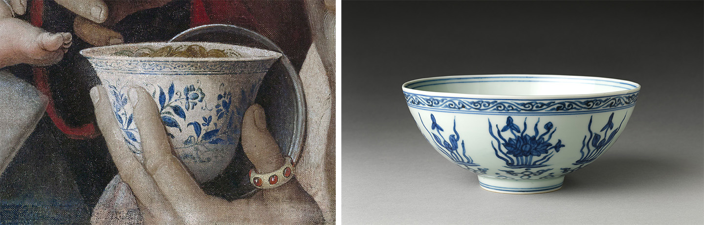 Bên trái là chi tiết món đồ gốm Trung Hoa từ tác phẩm “Adoration of the Magi” (Sự tôn thờ của các nhà thông thái) của họa sĩ Mantegna, và bên cạnh là hiện vật “Chén hoa sen”, tạo tác khoảng đầu thế kỷ 16. Gốm sứ được sơn màu xanh lam tráng men trong. Viện bảo tàng Nghệ thuật Metropolitan, thành phố New York. (Ảnh: Tài liệu công cộng)