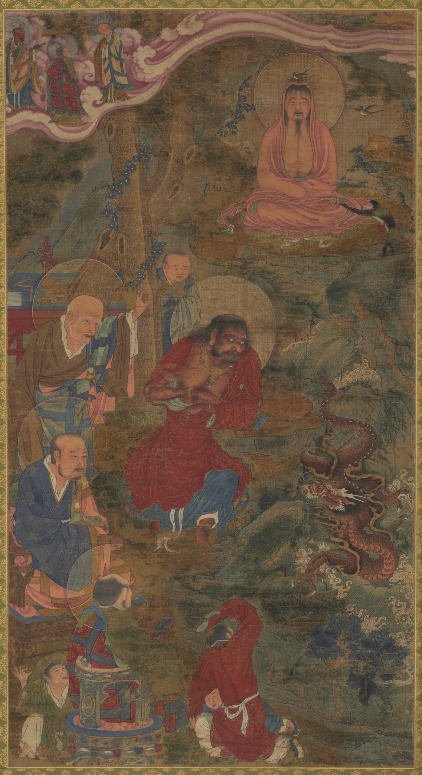 Các đệ tử Phật giáo vây quanh một chú rồng, biểu tượng của sự giác ngộ, với Đức Phật Thích Ca Mâu Ni đang ngồi thiền ở phía trên bên phải của bức tranh treo cuộn. Tác phẩm “Miracle of the Dragon” (Uy lực của rồng), những năm 1600, của họa sĩ thời nhà Minh. Tranh cuộn lụa vàng có màu bằng mực. Bảo tàng Nghệ thuật Cleveland, Ohio. (Ảnh: Tài liệu công cộng)