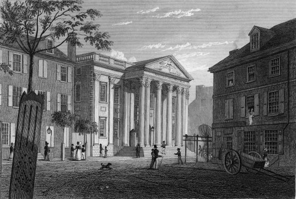 Bản khắc của Fenner Sears & Co. cho thấy First Bank (Ngân hàng thứ Nhất) của Hoa Kỳ, đứa con tinh thần của ngài Alexander Hamilton, ở Philadelphia, năm 1831. (Ảnh: Kean Collection/Getty Images)