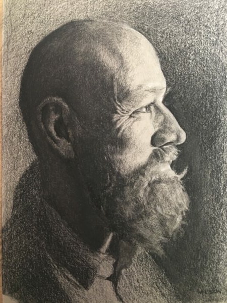 Bức tranh “The Beard” (Chòm râu) của họa sĩ Paula Wilson vẽ năm 2018. Chì Conté và chì than trên giấy phác họa (toned paper). (Ảnh: Đăng dưới sự cho phép của cô Paula Wilson)