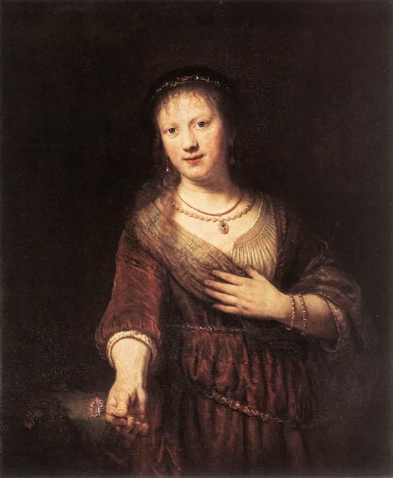 “Saskia With the Red Flower” (Nàng Saskia với bông hoa đỏ) do họa sĩ Rembrandt vẽ năm 1641. Tranh sơn dầu trên gỗ sồi; Kích thước 98.4cm x 82.5cm. Thư viện ảnh Old Masters, Bộ sưu tập nghệ thuật bang Dresden. (Ảnh: Tư liệu công cộng)