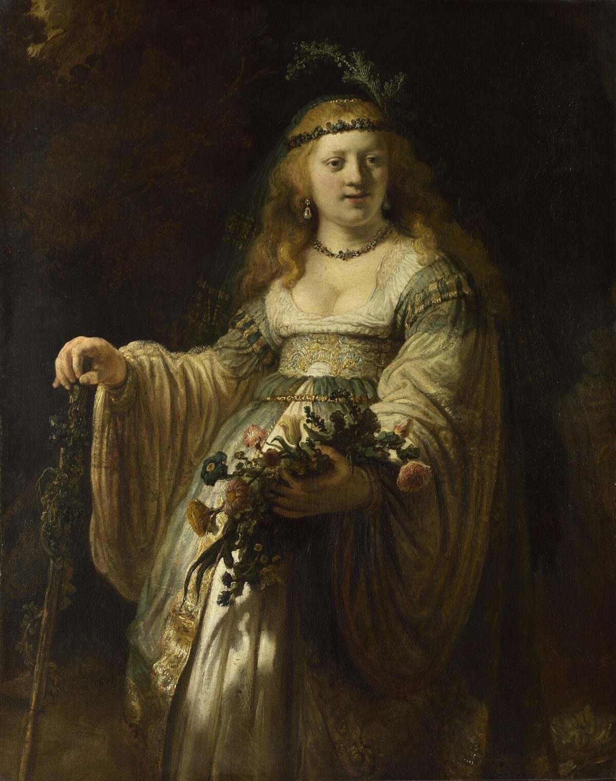 “Saskia van Uylenburgh in Arcadian Costume” (Nàng Saskia van Uylenburgh trong trang phục Arcadia) do họa sĩ Rembrandt vẽ năm 1635. Tranh sơn dầu trên vải; Kích thước 123.8 cm x 97.5 cm. Phòng trưng bày Quốc gia, London. (Ảnh: Tư liệu công cộng)