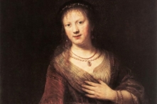 Chi tiết bức họa “Saskia With the Red Flower,” do Rembrandt vẽ năm 1641. Tranh sơn dầu trên gỗ sồi; kích thước 96.5cm x 81.9cm. Thư viện ảnh Old Masters, Bộ sưu tập nghệ thuật bang Dresden. (Ảnh: Tư liệu công cộng)