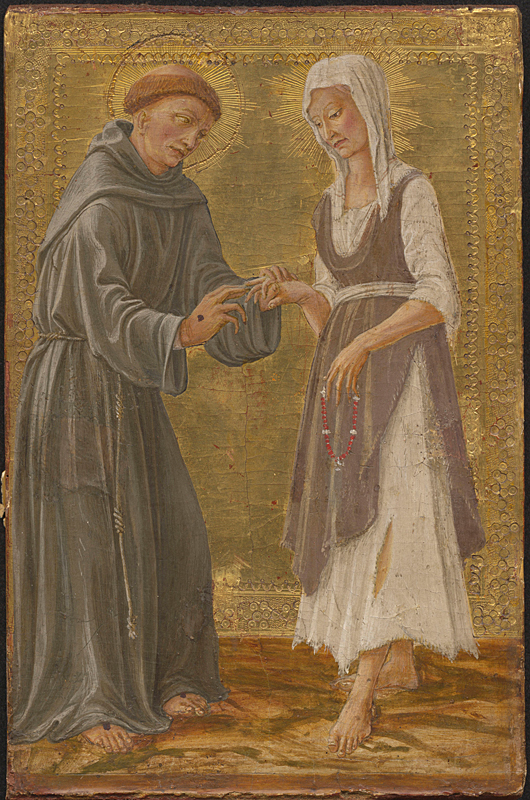 Tranh “Allegory of Francis and Lady Poverty” (Chuyện ngụ ngôn về Thánh Francis và Quý cô nghèo khó) vẽ vào khoảng năm 1460, bởi họa sĩ Vecchietta và xưởng làm việc. Màu keo trên gỗ cây dương; kích thước: 11 5/8 inch x 7 1/8 inch. Phòng trưng bày nghệ thuật Alte Pinakothek, München. (Ảnh: Scala, Florence/bpk, Bảo tàng Hình ảnh về Nghệ thuật, Văn hóa và Lịch sử, Berlin)