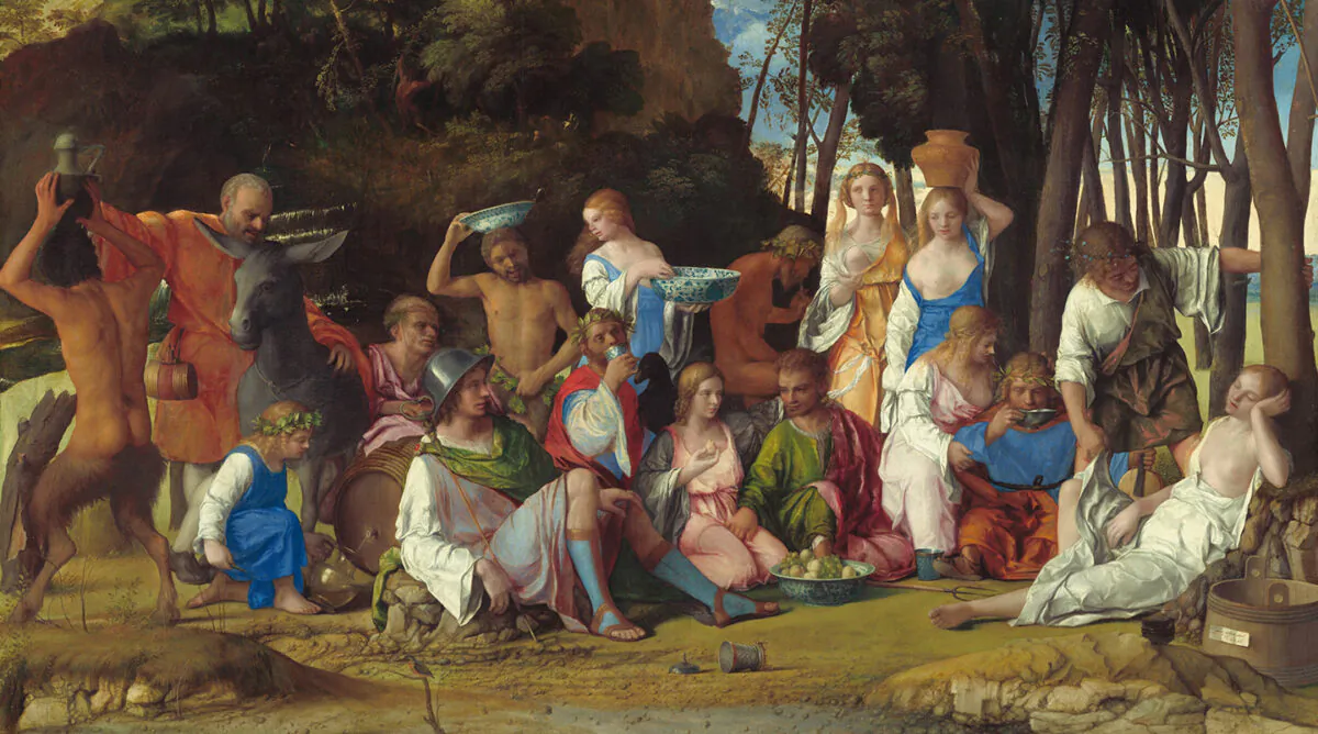 Một phần bức tranh “The Feast of the Gods” (Yến tiệc của các vị Thần) của hai danh họa Giovanni Bellini và Titian, vẽ năm 1514 và năm 1529. Sơn dầu trên vải canvas. Phòng trưng bày Nghệ thuật Quốc gia, thủ đô Hoa Thịnh Đốn. (Ảnh: Tài liệu công cộng)