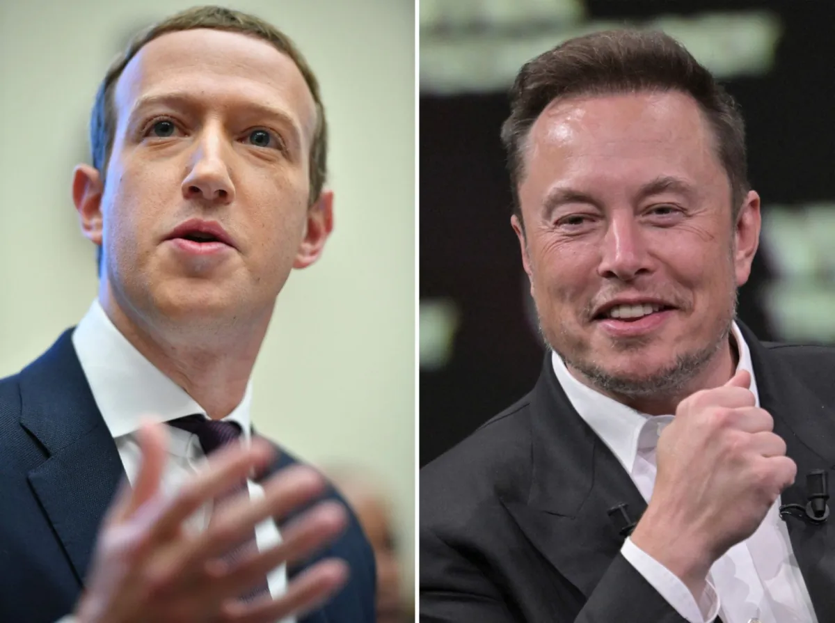 Ảnh ghép được tạo vào ngày 22/06/2023, cho thấy Tổng giám đốc của SpaceX, Twitter, và nhà sản xuất xe điện Tesla, ông Elon Musk (bên phải), trong chuyến thăm của ông tới hội chợ đổi mới và khởi nghiệp công nghệ Vivatech tại trung tâm triển lãm Porte de Versailles ở Paris vào ngày 16/06/2023, và người sáng lập Facebook, ông Mark Zuckerberg (bên trái) bị điều trần trước Ủy ban Dịch vụ Tài chính Hạ viện tại Tòa nhà Văn phòng Hạ viện Rayburn ở Hoa Thịnh Đốn vào ngày 23/10/2019. (Ảnh: Mandel Ngan, Alain Jocard/AFP qua Getty Images)