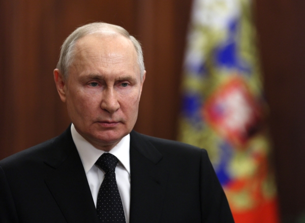 Tổng thống Nga Vladimir Putin có một bài diễn văn qua video hôm 24/06/2023. (Ảnh: Gavriil Grigorov/Sputnik/AFP qua Getty Images)