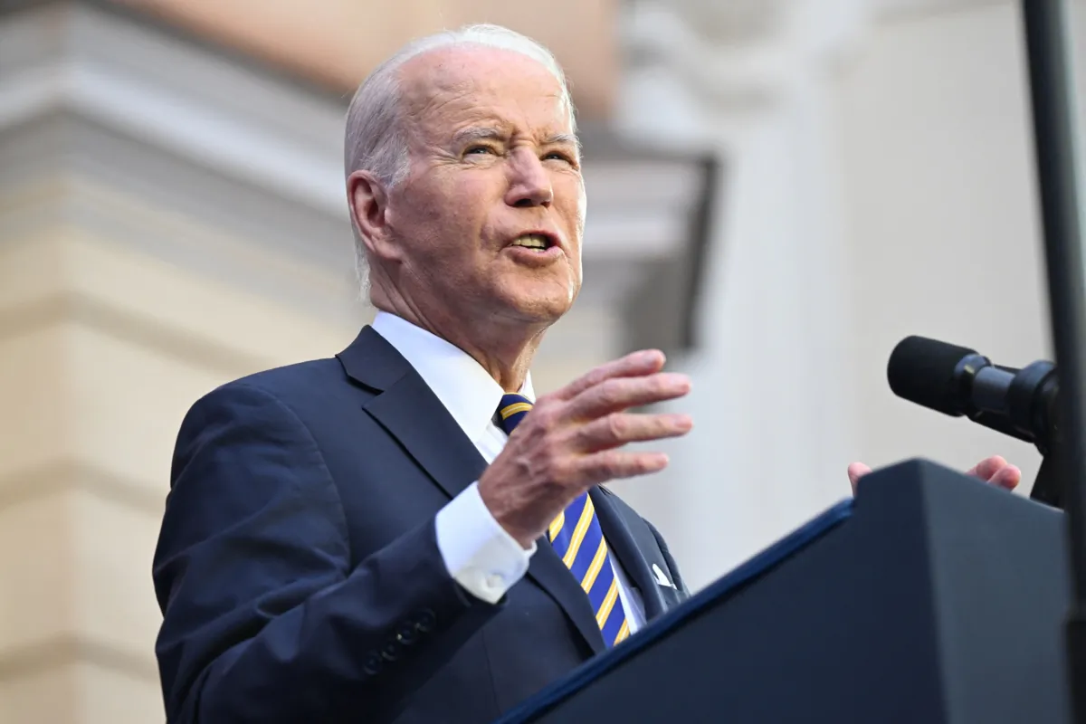 Tổng thống Joe Biden có bài diễn văn về NATO tại Đại học Vilnius ở Vilnius, Lithuania, hôm 12/07/2023. (Ảnh: Andrew Caballero-Reynolds/AFP qua Getty Images)