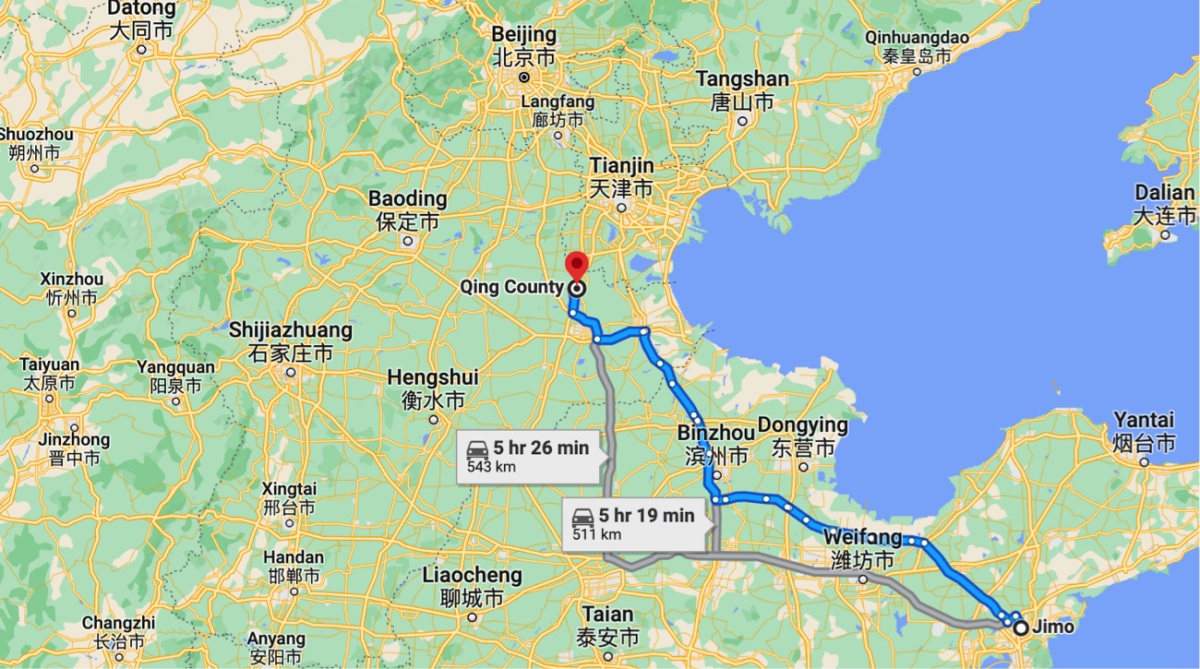 Hành trình đi bộ của ông Liang Guiyu từ quê hương của ông ở Thanh Đảo, tỉnh Sơn Đông, đến huyện Thanh ở tỉnh Hà Bắc vào tháng 07/2000. Bản đồ chỉ mang tính chất minh họa. Ông Liang cho biết ông không đi trên những con đường lớn để tránh sự truy lùng của cảnh sát địa phương. (Ảnh: Google Maps/Ảnh chụp màn hình qua The Epoch Times)