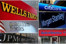 Ảnh ghép cho thấy biển hiệu của các ngân hàng Wells Fargo, Citibank, Morgan Stanley, JPMorgan Chase, Bank of America, và Goldman Sachs. (Ảnh: Reuters)