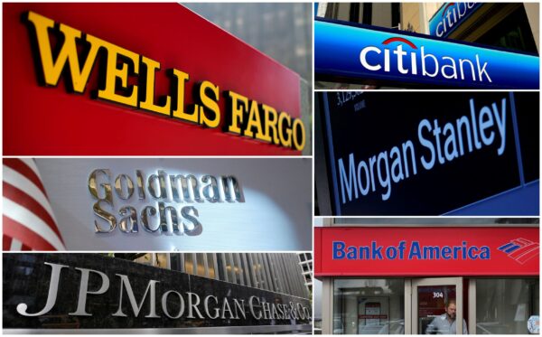 Một bức ảnh ghép tư liệu cho thấy bảng hiệu của Wells Fargo, Citibank, Morgan Stanley, JPMorgan Chase, Bank of America, và Goldman Sachs từ kho lưu trữ của Reuters. (Ảnh: Ảnh tư liệu/Reuters)