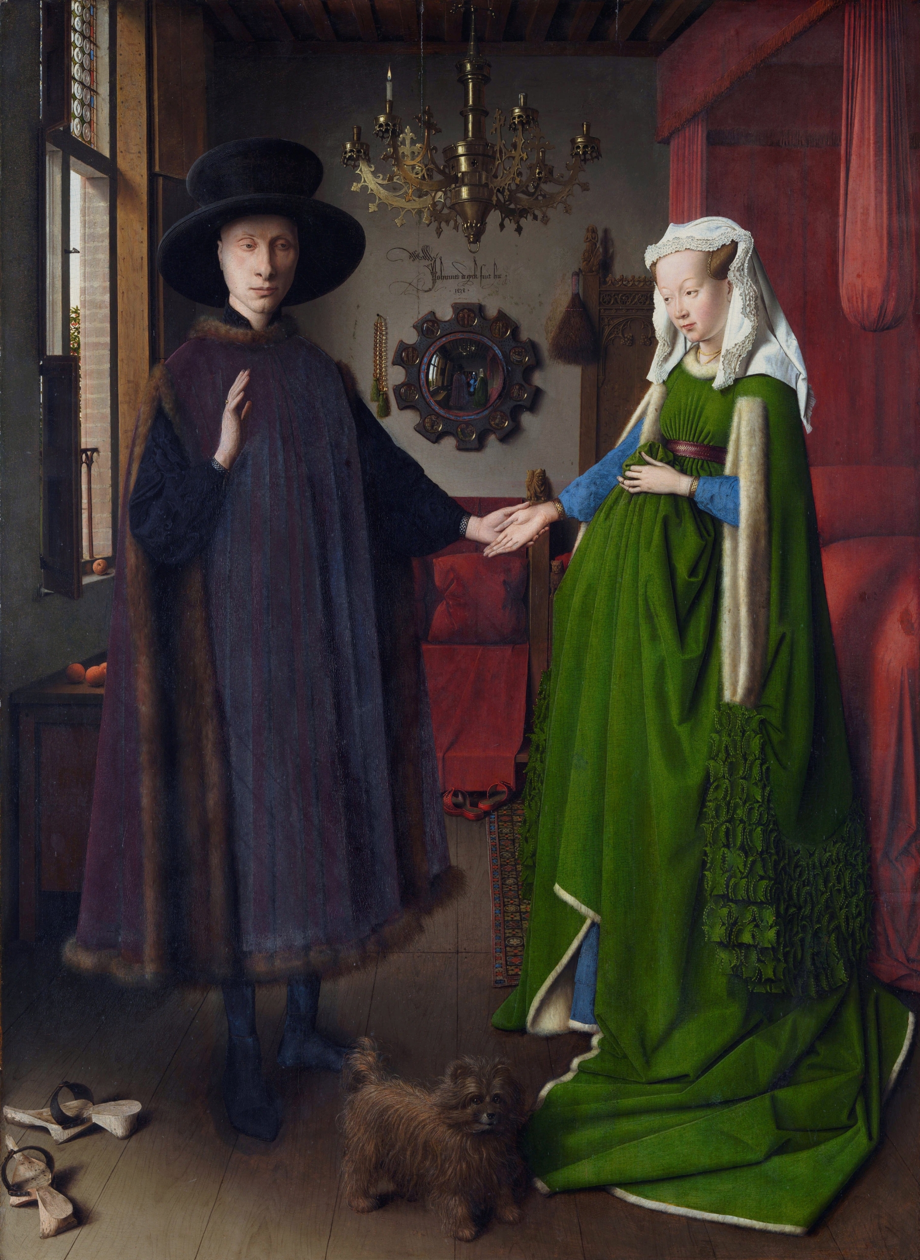 Tác phẩm “The Arnolfini Portrait” (Chân dung Arnolfini) của họa sĩ Jan van Eyck, vẽ năm 1434. Sơn dầu trên gỗ sồi gồm ba tấm dọc, kích thước: 32,4 inch x 23,6 inch. Phòng trưng bày Quốc gia, London. (Ảnh: Tài liệu công cộng)