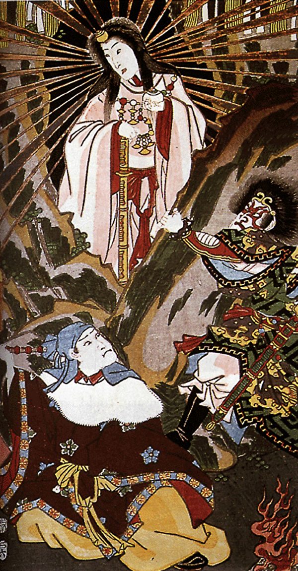 Nữ Thần Mặt Trời hiện thân từ trong hang động. Một phần bức tranh: “Nham hộ thần nhạc đích khởi hiện” (Sự xuất hiện của Thần từ căn phòng đá), do họa sĩ Utagawa Kunisada vẽ năm 1857. (Ảnh: Tài sản công)