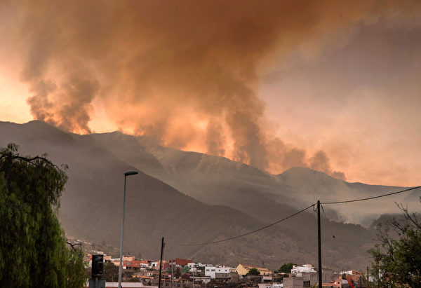 Hôm 16/08/2023, một đám cháy rừng bùng phát tại thị trấn Arafo ở Tenerife, Tây Ban Nha, khói dày đặc bốc lên từ xa. (Ảnh: Desiree Martin/AFP)