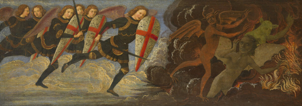 Tác phẩm “Saint Michael and the Angels at War With the Devil” (Tổng lãnh thiên thần Michael và các Thiên thần trong cuộc chiến chống lại ma quỷ) của họa sĩ Domenico Ghirlandaio, vẽ năm 1448. Màu keo tempera trên bảng vẽ. Học viện Nghệ thuật Detroit. (Ảnh: Tài liệu công cộng)