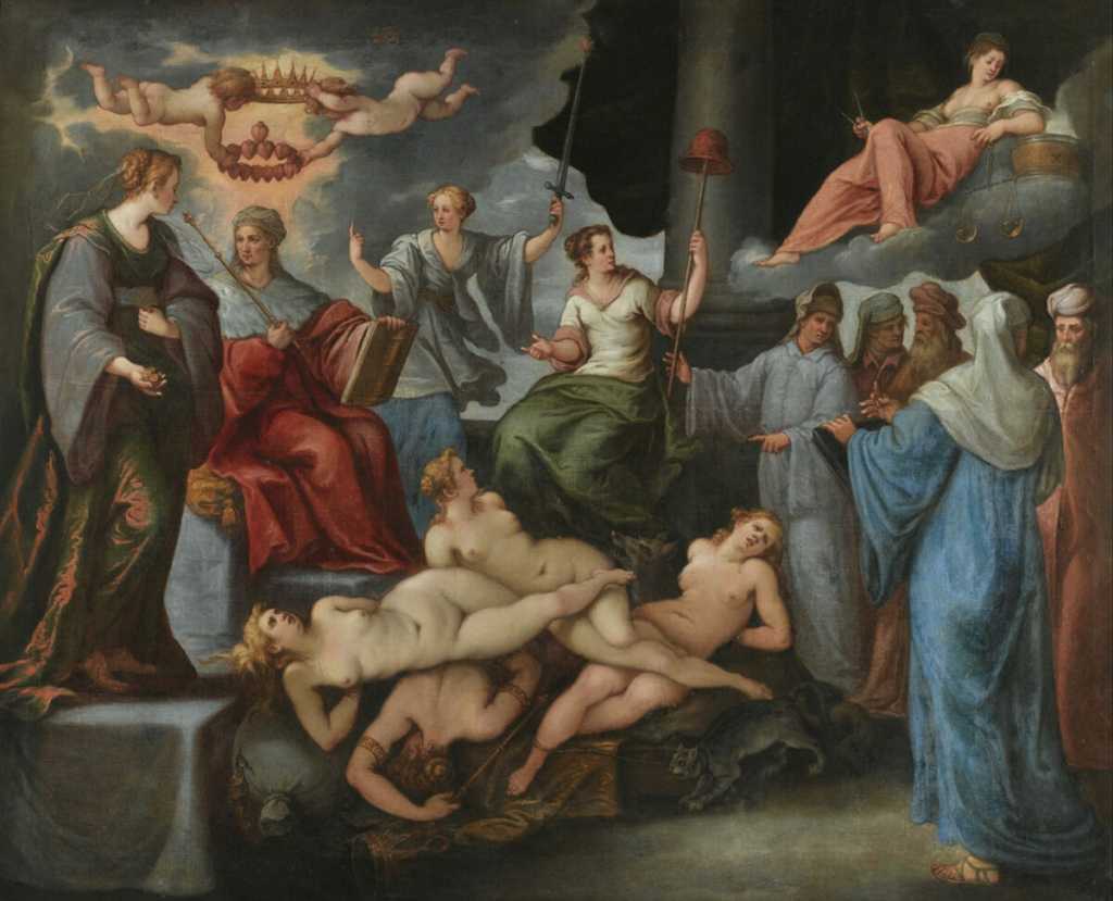 Tác phẩm “Triumph of the Virtues Over the Vices” (Thắng lợi huy hoàng của đức hạnh trước cái ác) của họa sĩ Paolo Fiammingo, vẽ khoảng năm 1592. Tranh sơn dầu trên vải canvas. (Ảnh: Tài liệu công cộng)
