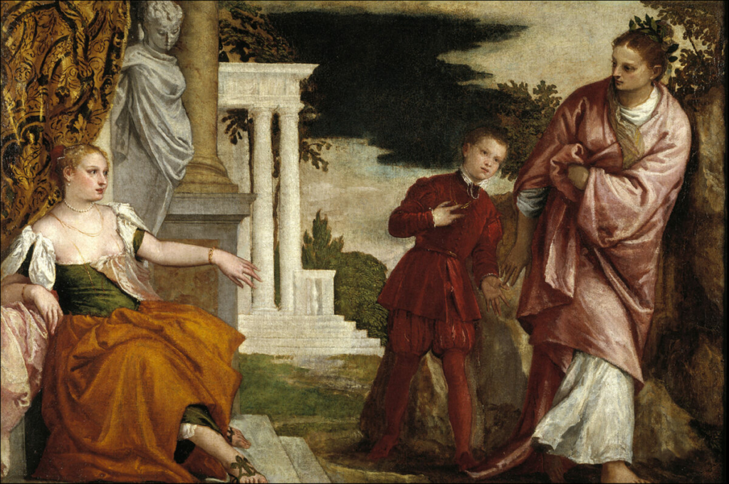 Tác phẩm “Young Man between Vice and Virtue” (Chàng trai trẻ giữa thói xấu và đức hạnh) của họa sĩ Paolo Veronese, vẽ khoảng năm 1581. Tranh sơn dầu trên vải canvas. Bảo tàng Prado, Madrid. (Ảnh: Tài liệu công cộng)