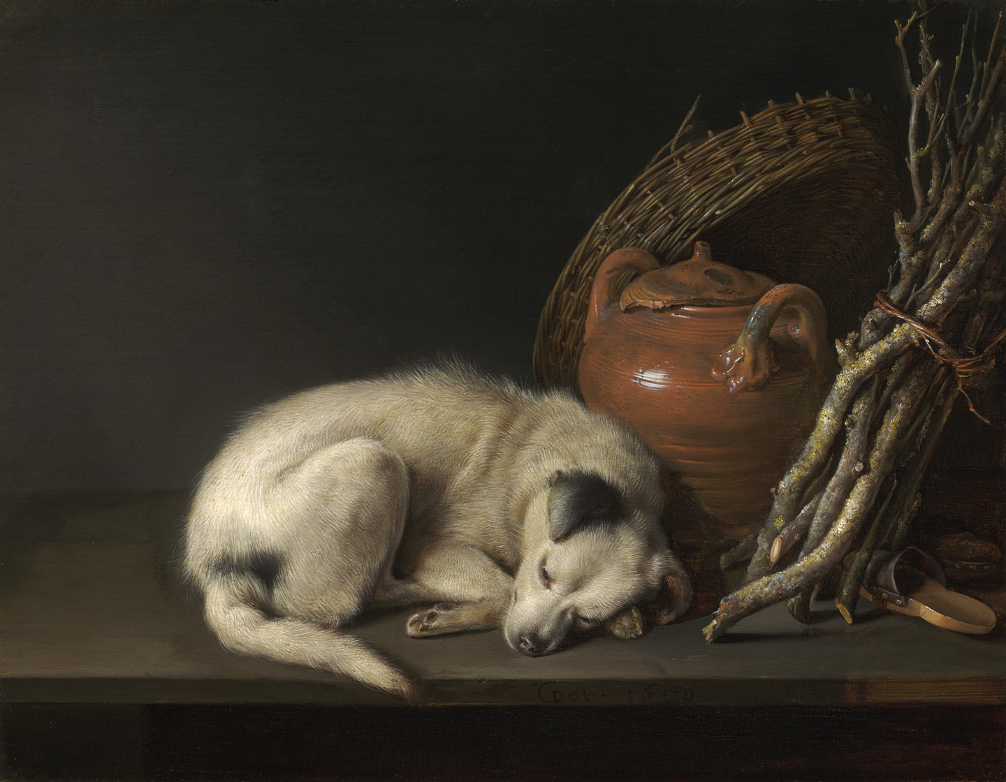 Tác phẩm “Dog at Rest” (Chú chó nghỉ ngơi) của họa sĩ Gerrit Dou, vẽ năm 1650. Tranh sơn dầu trên bảng vẽ; kích thước: 6,5 inch x 8,5 inch. Bộ sưu tập Rose-Marie và Eijk van Otterloo, Bảo tàng Mỹ thuật, Boston. (Ảnh: Tài liệu công cộng)