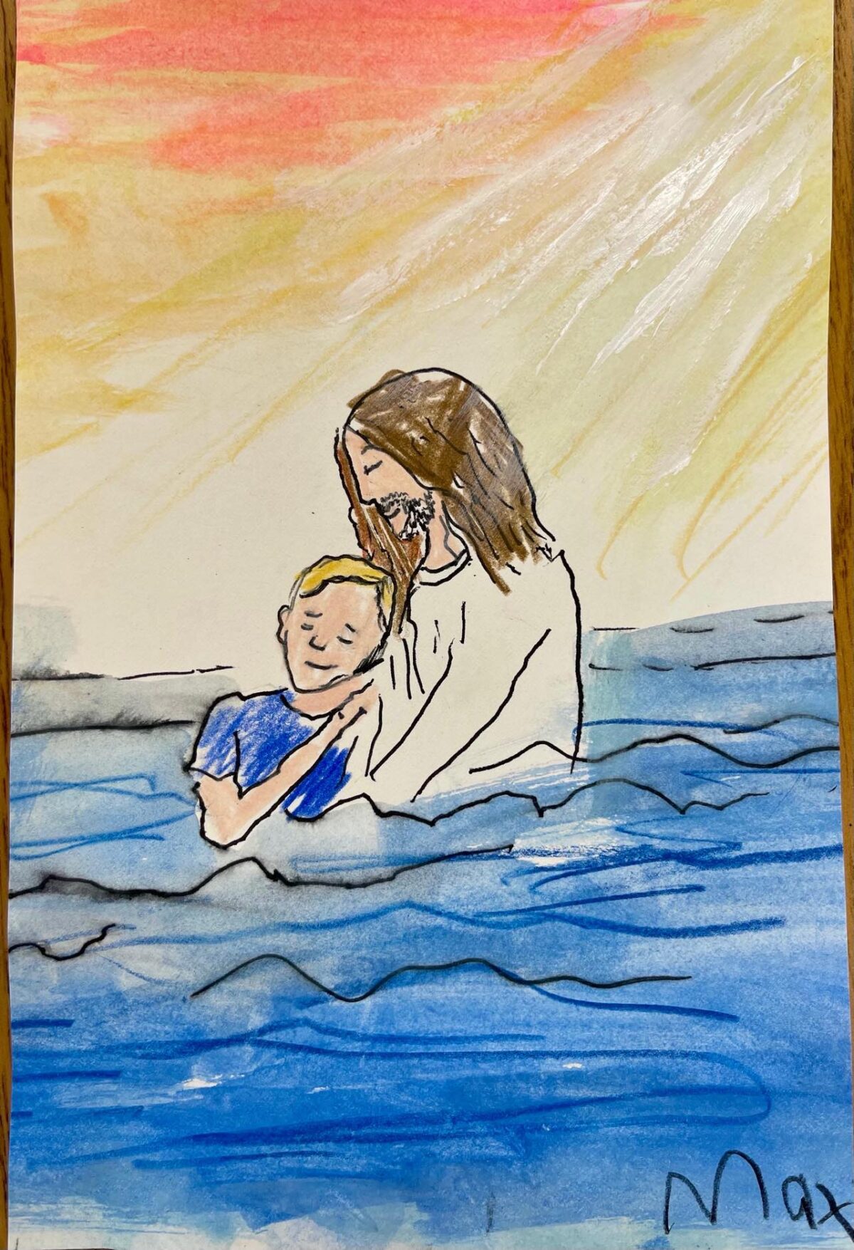 Bé Max đã vẽ bức tranh này thể hiện bản thân trong vòng tay của Chúa Jesus trong hồ bơi, với sự hợp tác cùng nghệ sĩ Anna Dieter Rachal tại một trại nghệ thuật vào năm 2021. (Ảnh: Đăng dưới sự cho phép của cô Courtney McKee)