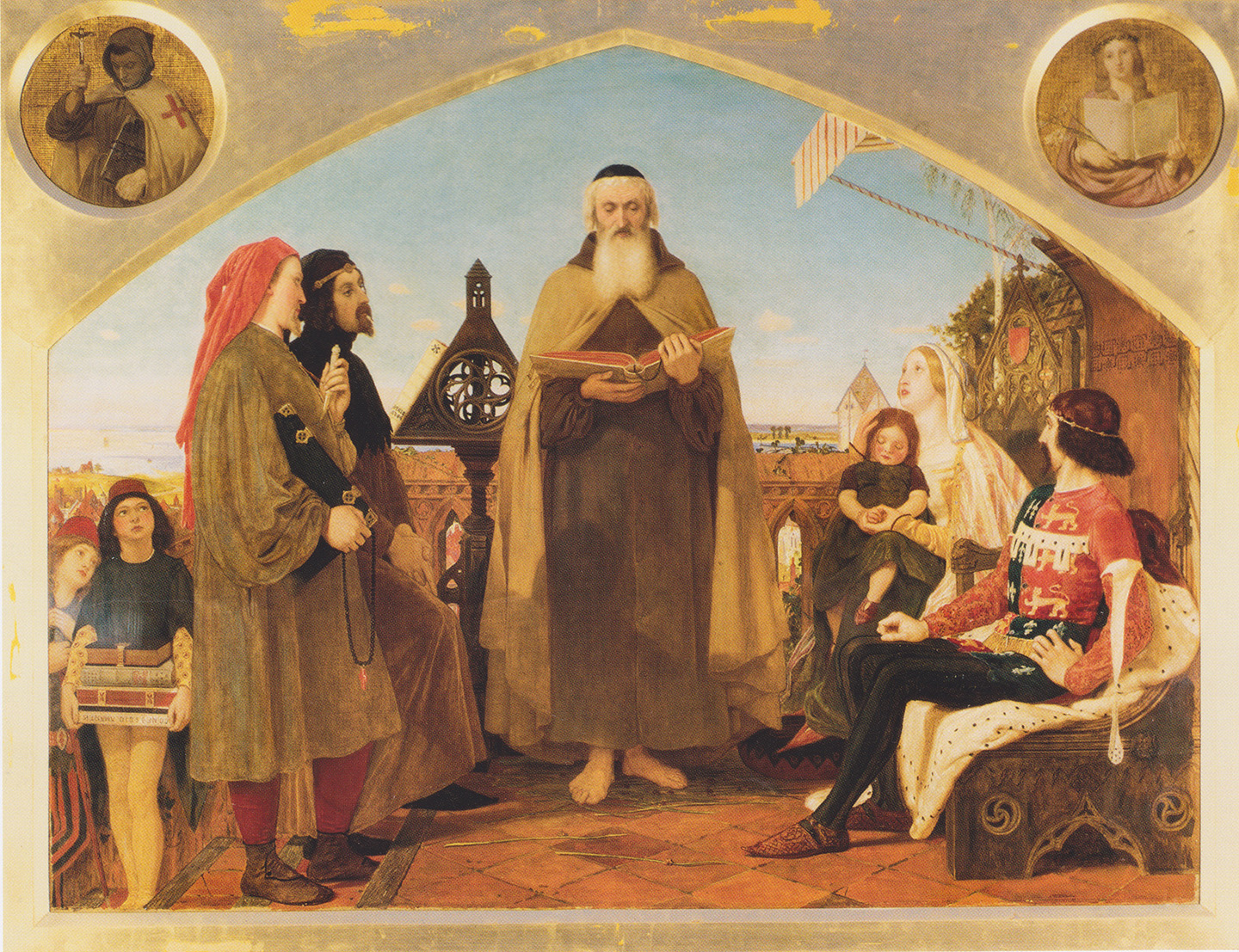 Tác phẩm “John Wycliffe Reading His Translation of the Bible to John of Gaunt” (Nhà thần học John Wycliffe đọc bản dịch Kinh Thánh của ông cho Công tước John xứ Gaunt) của họa sĩ Ford Madox Brown, vẽ năm 1847-1861. Tranh sơn dầu trên vải canvas. Bảo Tàng và phòng trưng bày Bradford, Vương quốc Anh. (Ảnh: Tài liệu công cộng)