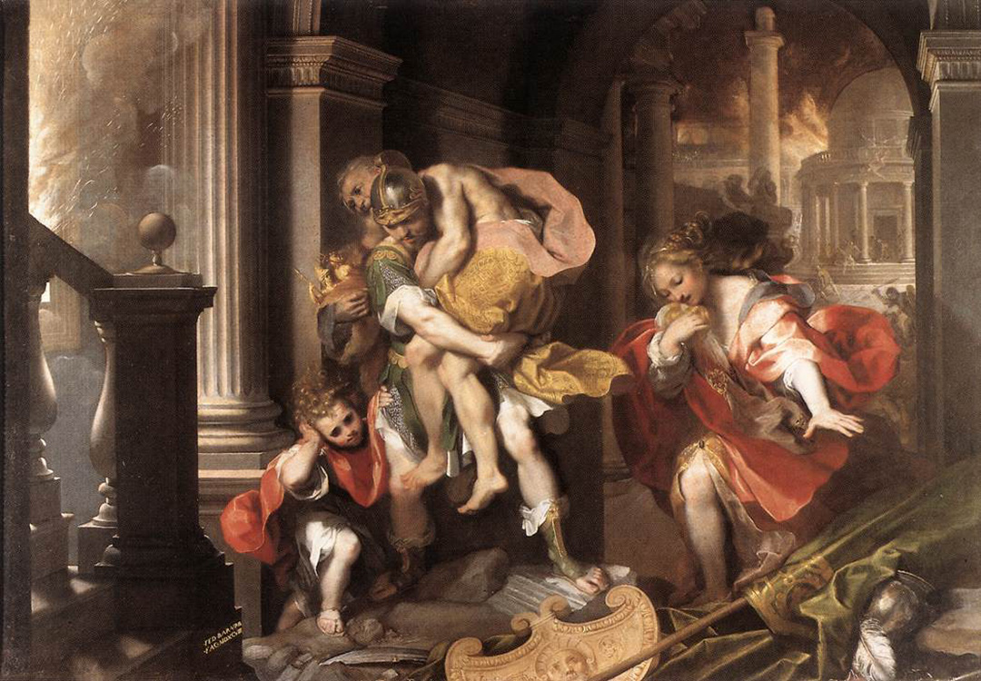 Tác phẩm “Aeneas’s Flight From Troy” (Cuộc tháo chạy của Aeneas khỏi thành Troy) của họa sĩ Federico Barocci, vẽ năm 1598. Tranh sơn dầu trên vải canvas. Phòng trưng bày Borghese, Rome. (Ảnh: Tài liệu công cộng)
