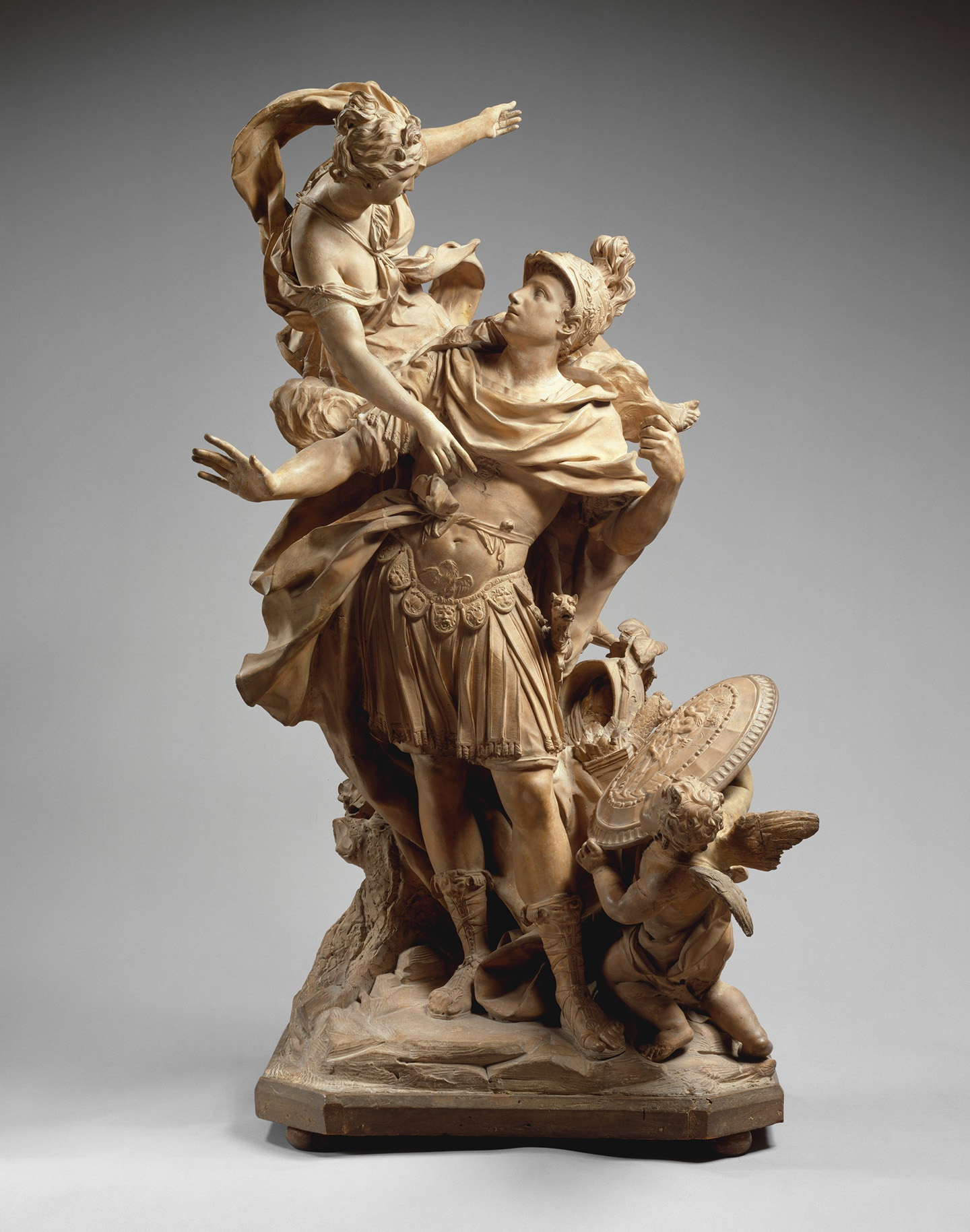 Tác phẩm “Venus Giving Arms to Aeneas” (Nữ thần Venus chìa tay ra cho chàng Aeneas) của điêu khắc gia Jean Cornu, sáng tác năm 1704. Tác phẩm điêu khắc bằng gỗ sơn và đất nung. Viện bảo tàng Nghệ thuật Metropolitan, Thành phố New York. (Ảnh: Tài liệu công cộng)
