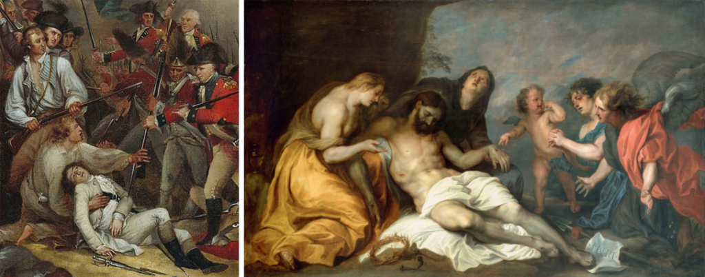 Chi tiết khắc họa tướng Warren qua đời trong vòng tay của một dân quân, ám chỉ đến tính hình tượng của Lời than khóc. (Phải) Tác phẩm “Lamentation over the Dead Christ” (Than khóc bên thi hài Chúa) của họa sĩ Anthony van Dyck vẽ khoảng năm 1634–1640. Tranh sơn dầu trên vải canvas; Kích thước: 61,4 inch x 100,7 inch. Bảo tàng Mỹ thuật Bilbao, Tây Ban Nha. (Ảnh: Tài liệu công cộng)