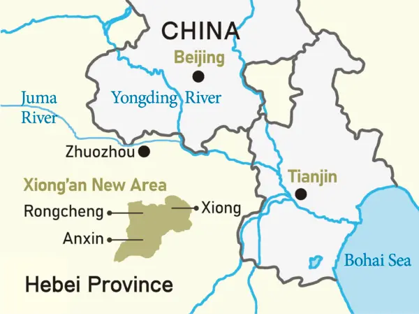 Một bản đồ cho thấy khu vực bị ngập lụt chung quanh Bắc Kinh. (Ảnh: Julia Jiang/The Epoch Times)