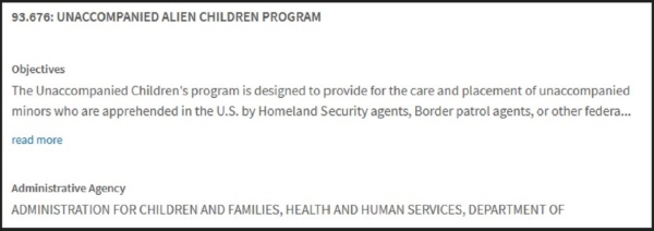 Cơ quan quản lý Trẻ em và Gia đình của Bộ Y tế và Dịch vụ Nhân sinh Hoa Kỳ là cơ quan hành chính quản lý việc phân bổ kinh phí cho Chương trình Trẻ em Ngoại quốc Không có người đi kèm của Hội đồng Giám mục Công giáo Hoa Kỳ (Ảnh: USASpending.gov/Ảnh chụp màn hình).