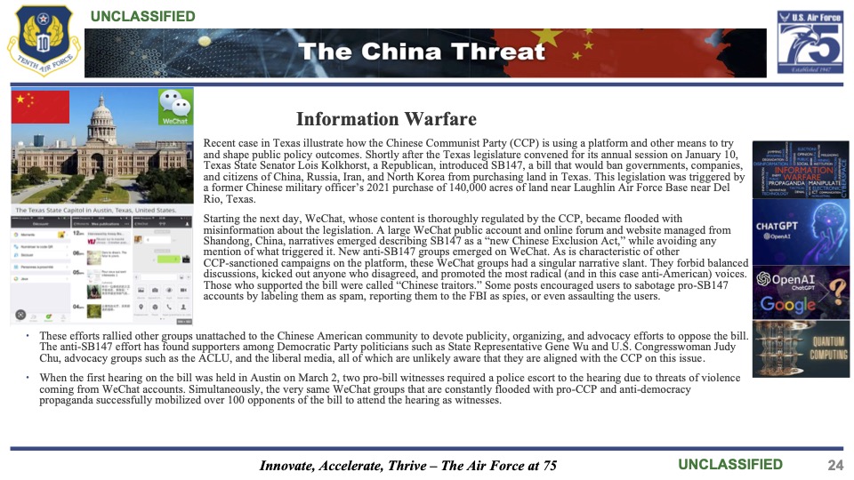 Một tài liệu của Không lực Hoa Kỳ nêu chi tiết cách Đảng Cộng sản Trung Quốc cố gắng định hình chính sách công cộng ở Texas. (Ảnh: Darlene Sanchez/The Epoch Times)