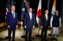 (Từ trái sang phải) Tổng thống Hoa Kỳ Joe Biden, Thủ tướng Úc Anthony Albanese, Thủ tướng Nhật Bản Fumio Kishida và Thủ tướng Ấn Độ Narendra Modi tổ chức cuộc họp Bộ Tứ bên lề hội nghị thượng đỉnh G-7, tại khách sạn Grand Prince ở Hiroshima, miền tây Nhật Bản, hôm 20/05/2023. (Ảnh: Jonathan Ernst/Pool Photo qua AP)