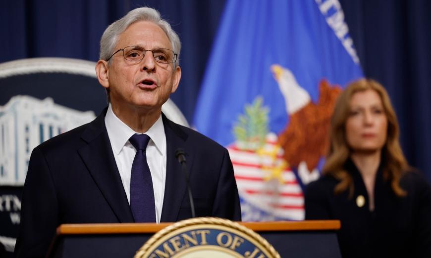 Tổng chưởng lý Hoa Kỳ Merrick Garland diễn thuyết tại tòa nhà Robert F. Kennedy của Bộ Tư pháp ở Hoa Thịnh Đốn hôm 23/06/2023. (Ảnh: Chip Somodevilla/Getty Images)