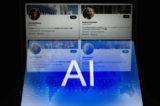 Một biểu tượng AI (Trí tuệ nhân tạo) được kết hợp với bốn tài khoản Twitter giả mạo có ảnh hồ sơ rõ ràng do phần mềm AI tạo ra được chụp ở Helsinki, Phần Lan, hôm 12/06/2023. (Ảnh: Olivier Morin/AFP qua Getty Images)